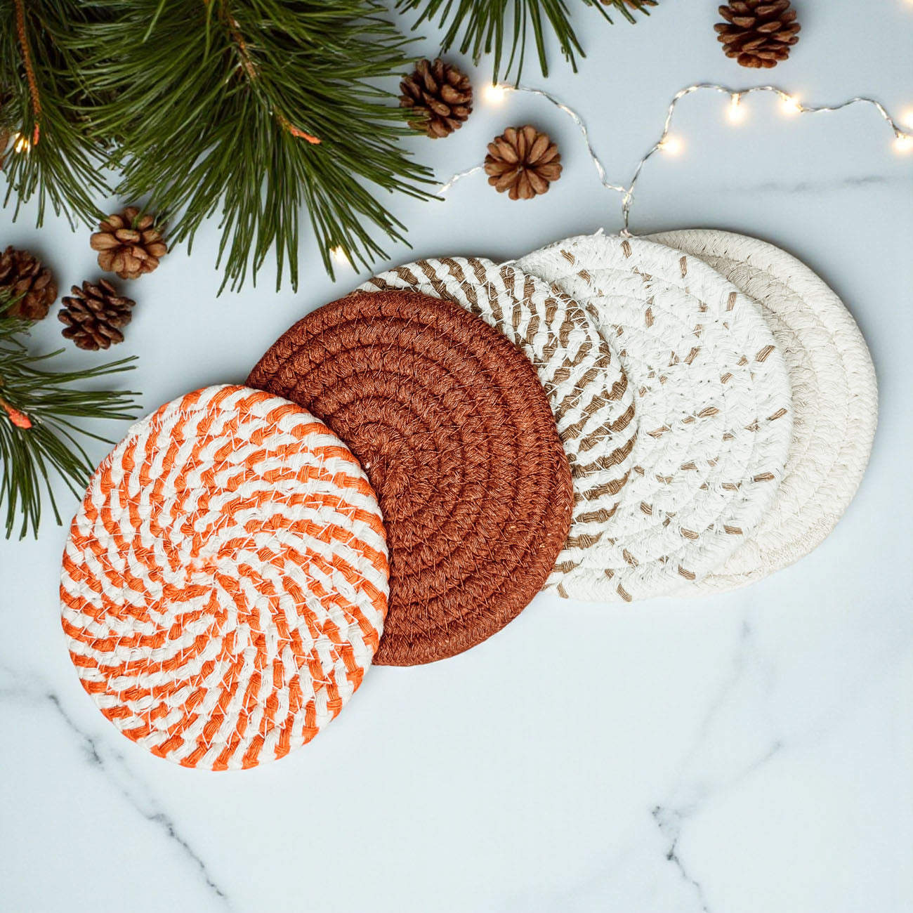 minimalist rope coasters natural fall decor in reusable packaging
modern rustic coasters with braided texture set of 4 with gifting tag